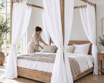 Canopy Bed Curtains, White Linen Curtains, Semi Sheer Linen Drapes, Tie Top Curtain Panels (Set of 2), Custom Curtains