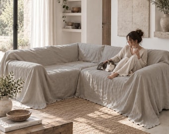 Linen Slipcover for Sectional Sofa, L Shape Couch Cover, Loose Linen Couch Slipcover, Custom Slip Cover, Farmhouse Slipcover