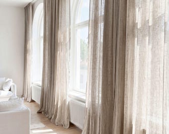 Linen Curtain with Tape, Semi Sheer Linen Drape, Extra Long Curtain, Ceiling Track Curtain, Back Tabs Linen Drape, Custom Curtain - 1 Panel