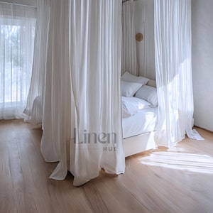 Linen Canopy Bed Curtains - White Semi Sheer Curtains, Bed Drapes, Set Of 2 Curtain Panels, Tie Top Curtains, Custom Linen Curtains
