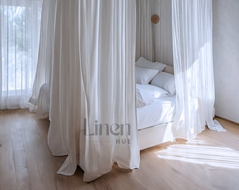 Linen Canopy Bed Curtains - White Semi Sheer Curtains, Bed Drapes, Set Of 2 Curtain Panels, Tie Top Curtains, Custom Linen Curtains