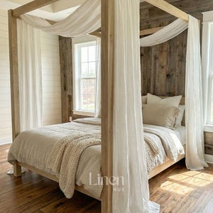 Linen Canopy Bed Curtains (set of 2 panels), White Curtain Drapes, Four Poster Bed Curtains, Bed Baldachin, Bohemian Bedroom Decor