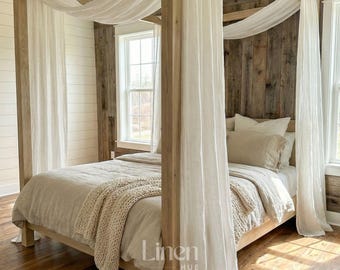 Linen Canopy Bed Curtains (set of 2 panels), White Curtain Drapes, Four Poster Bed Curtains, Bed Baldachin, Bohemian Bedroom Decor