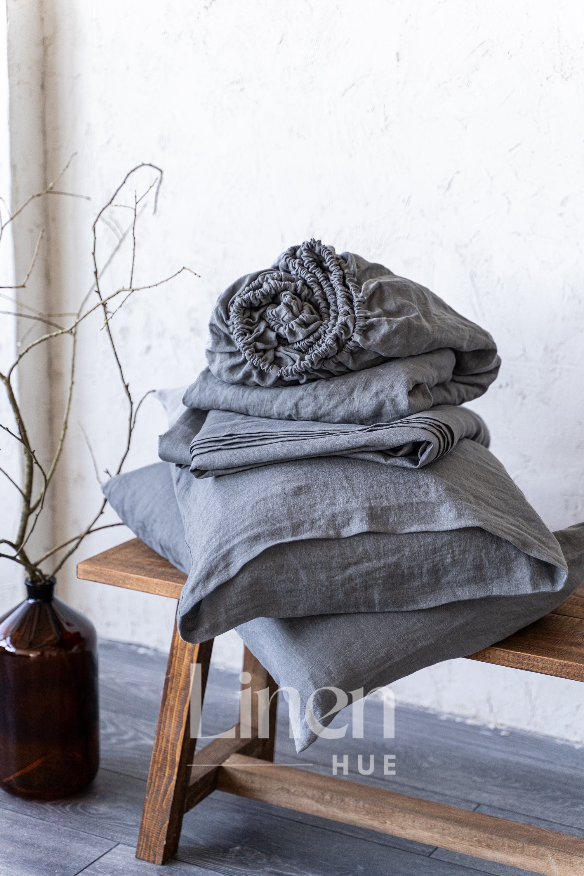 Linen Sheet Set - Fitted Sheet, Flat Sheet and 2 Pillowcases - Queen King Double Twin Sizes Available - Natural Custom Bedding