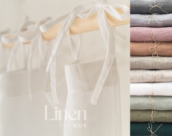Tie Top Linen Curtain Panels | Set Of 2 Semi Sheer Curtains Tie Top | Stonewashed Linen Window Drapes With Ties | Extra Long Wide Curtains