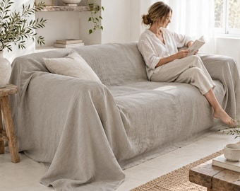 Linen sofa cover, seamless linen couch cover, loose cover, loveseat cover, linen slip cover, custom slipcover