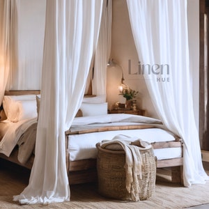 Linen Canopy Bed Curtains - White Semi Sheer Curtains, Set of 2 Tie Top Drapes, Four Poster Curtains, Custom Curtains, Linen Bed Drapes