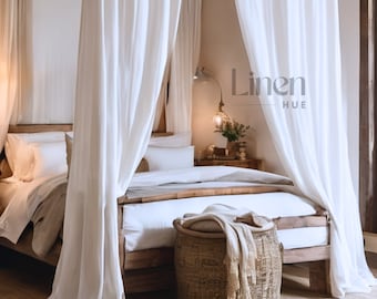 Linen Canopy Bed Curtains - White Semi Sheer Curtains, Set of 2 Tie Top Drapes, Four Poster Curtains, Custom Curtains, Linen Bed Drapes