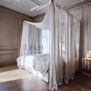 Rideaux de lit à baldaquin, lin blanc (lot de 2 panneaux), rideaux semi-transparents, baldaquin en lin, rideaux de lit, rideaux de chambre à coucher