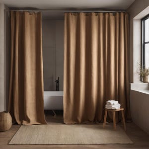 Waterproof Linen Shower Curtain With Back Tabs, Bathroom Curtain, Linen Fabric Shower Drape, Bath Curtain With Liner, Custom Curtain