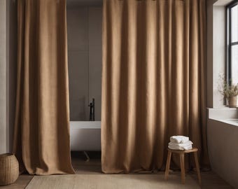 Waterproof Linen Shower Curtain With Back Tabs, Bathroom Curtain, Linen Fabric Shower Drape, Bath Curtain With Liner, Custom Curtain