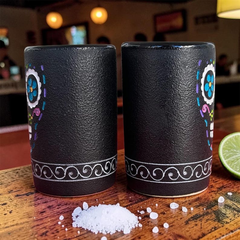 May include: Two cylindrical black ceramic shot glasses featuring a hand-painted sugar skull design in blue, white, and purple. Each glass has a textured matte finish and a white decorative scroll pattern around the base, accompanied by salt.