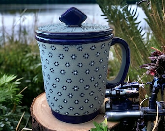 Father’s Day “Puntito Cobalto” Mexican Talavera Coffee mug with top, Taza con tapa, Talavera Coffee Mug, Dia Del Padre