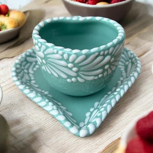 Magic mint Colored Talavera feathered Heart Shaped coffee cup w/ Heart saucer,  Taza de Corazon Cafe, Heart Coffee Cup, Taza Chocolatera