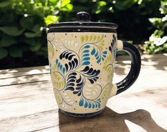 Mothers Birthday Pretty in Blue Mexican Talavera Coffee mugset, Cobalt blue Rama Talavera Coffee Mug, Mothers Day Mug