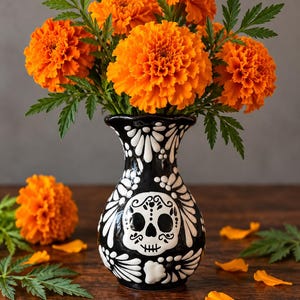 May include: A black ceramic vase with a white painted skull design and floral patterns, filled with a bouquet of bright orange marigold flowers. The vase features a flared rim and a rounded body, showcasing intricate white line work on a dark base.