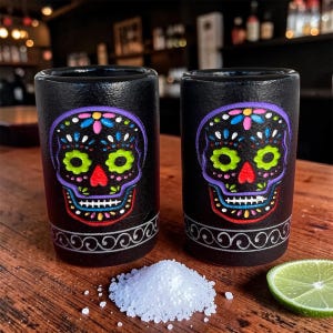 May include: Two black cylindrical shot glasses featuring a colorful sugar skull design with purple, green, red, and blue accents. Each glass has a white decorative swirl pattern around the base, accompanied by a small pile of salt and a lime slice.