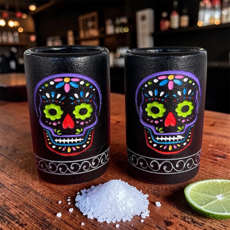 May include: Two black cylindrical shot glasses featuring a colorful sugar skull design with purple, green, red, and blue accents. Each glass has a white decorative swirl pattern around the base, accompanied by a small pile of salt and a lime slice.