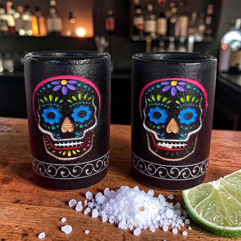 May include: Two black cylindrical shot glasses featuring a colorful sugar skull design with blue, purple, green, and pink accents. Each glass has a white swirling pattern near the base. A small pile of white salt and a lime wedge sit nearby.