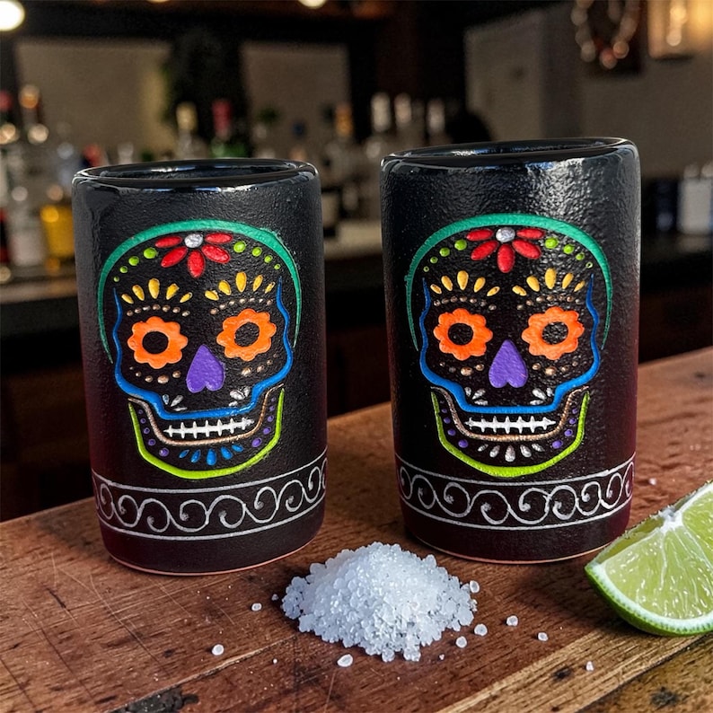 May include: Two black ceramic shot glasses featuring a colorful sugar skull design with red, orange, purple, and blue accents. Each glass has a white swirling pattern around the base, accompanied by a small pile of salt and a lime wedge.