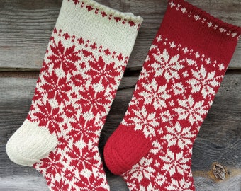 17" Christmas Stockings Handknit Personalized Wool Cranberry red Folksy ornament Nordic Latvian style