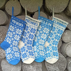 17&quot; Christmas Stockings - Blue and white - Wool - Handknit - Personalized - Folksy ornament - Nordic - Latvian style