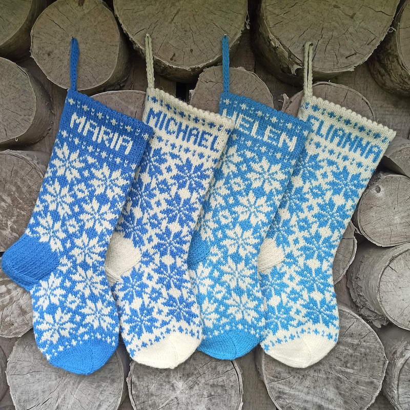 17" Christmas Stockings - Blue and white - Wool - Handknit - Personalized - Folksy ornament - Nordic - Latvian style