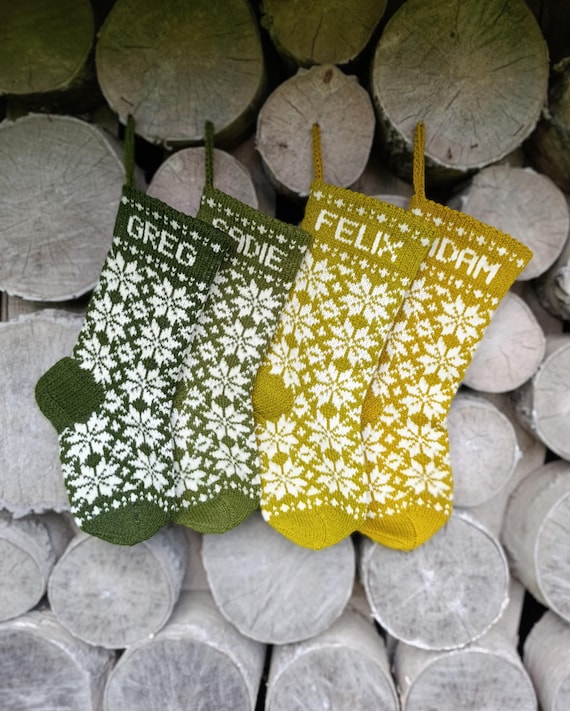 17" Christmas Stockings - Khaki green and white - Wool - Handknit - Personalized - Folksy ornament - Nordic snowflake