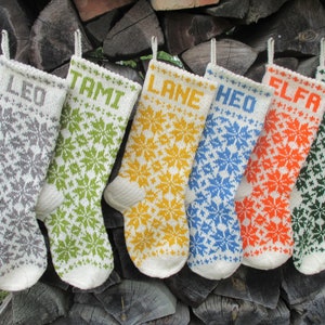 17&quot; Christmas Stockings - Red Green Yellow Blue White - Wool - Handknit - Personalized - Folksy ornament - Nordic - Latvian