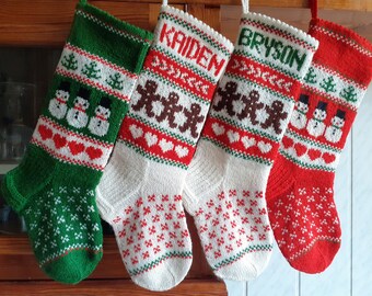 17-18" Christmas Stockings Handknit Personalized Wool Red Green Gray White Gnomes Snowmen Santa Deer Hearts ornaments