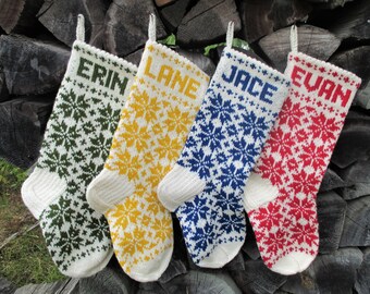 17" Christmas Stockings Handknit Personalized Wool Red Green Yellow Blue Gray Folksy ornament Nordic Latvian style