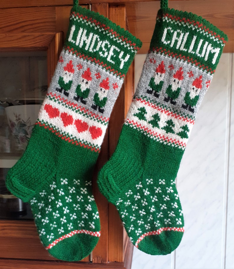 17-18 Christmas Stockings Handknit Personalized Wool Red Green Gray Gnomes Trees Hearts ornaments image 2