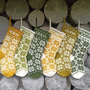 17&quot; Christmas Stockings - Khaki green and yellow and white - Wool - Handknit - Personalized - Folksy ornament - Nordic snowflake