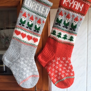 17-18 Christmas Stockings Handknit Personalized Wool Red Green Gray Gnomes Trees Hearts ornaments image 3