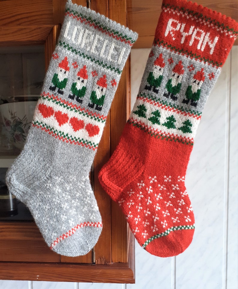 17-18 Christmas Stockings Handknit Personalized Wool Red Green Gray Gnomes Trees Hearts ornaments image 3