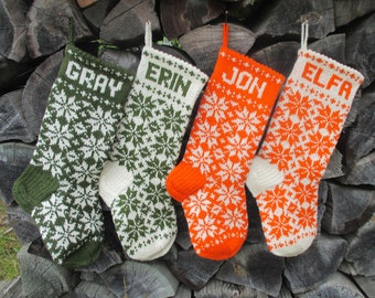 17" Christmas Stockings Handknit Personalized Wool Moss green and orange Folksy ornament Nordic Latvian style