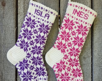 17" Christmas Stockings - Handknit - Personalized - Wool - Purple and pink - Folksy ornament - Nordic - Latvian style