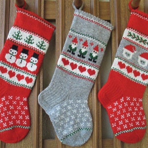 17-18 Christmas Stockings Handknit Personalized Wool Red Green Gray Gnomes Trees Hearts ornaments image 7