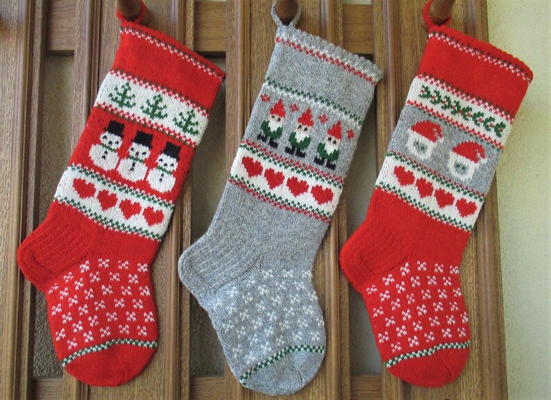 17-18 Christmas Stockings Handknit Personalized Wool Red Green Gray Gnomes Trees Hearts ornaments image 7