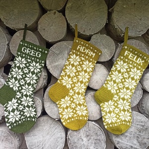 17" Christmas Stockings - Khaki green Yellow White - Wool - Handknit - Personalized - Nordic snowflake ornament image 8