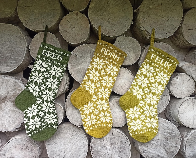 17" Christmas Stockings - Khaki green Yellow White - Wool - Handknit - Personalized - Nordic snowflake ornament image 8