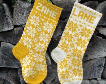 17" Christmas Stockings Handknit Personalized Wool Yellow Folksy ornament Nordic Latvian style