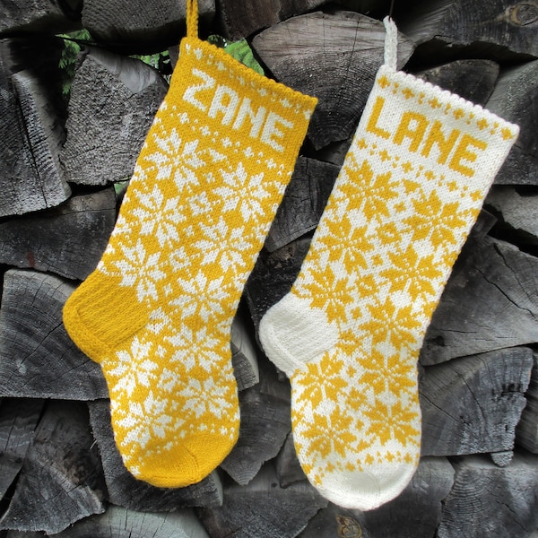 17" Christmas Stockings Handknit Personalized Wool Yellow Folksy ornament Nordic Latvian style