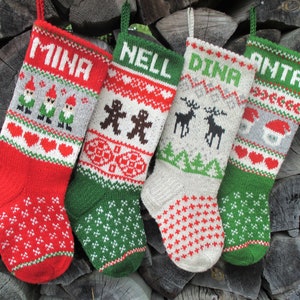 17-18 Christmas Stockings Handknit Personalized Wool Red Green Gray Gnomes Trees Hearts ornaments image 6