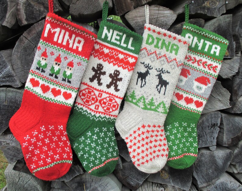 17-18 Christmas Stockings Handknit Personalized Wool Red Green Gray Gnomes Trees Hearts ornaments image 6