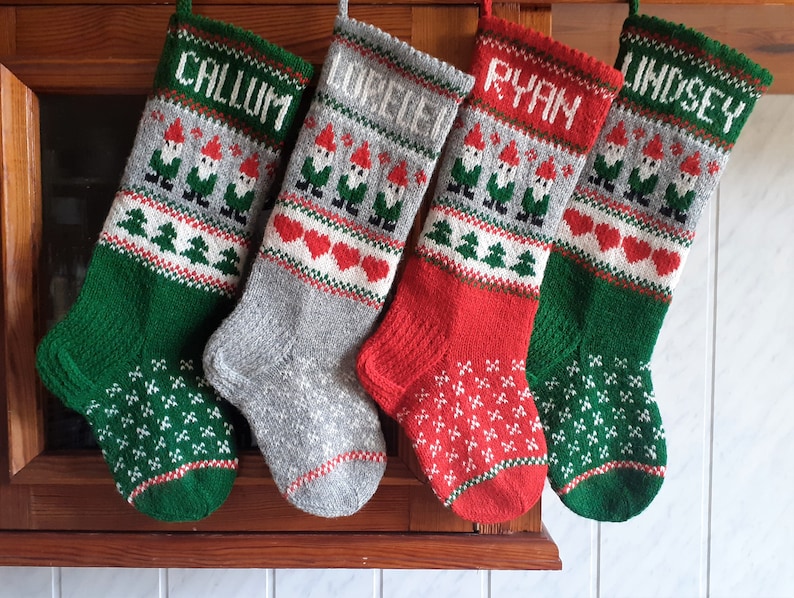 17-18 Christmas Stockings Handknit Personalized Wool Red Green Gray Gnomes Trees Hearts ornaments image 1