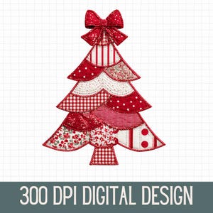 May include: A festive Christmas tree design with a red bow at the top. The tree is composed of various red and white patterned fabrics, including polka dots, stripes, and floral prints. The text "300 DPI DIGITAL DESIGN" is at the bottom.