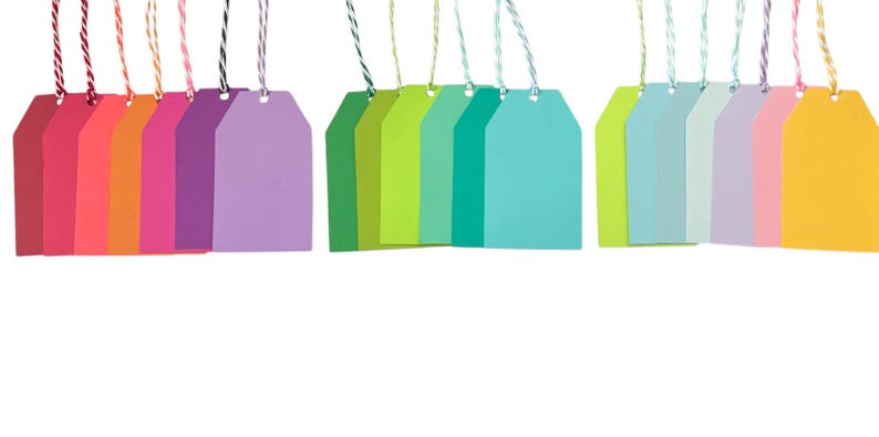 May include: A set of 18 colourful gift tags with string attached. The tags are in various shades of pink, orange, purple, green, blue, and yellow.