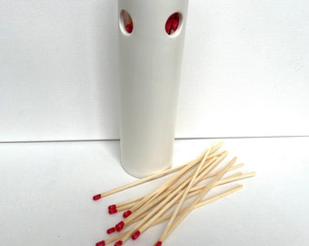 White Ceramic Matchstick Holder with 50 - 8" Matches and Striker, Flower Vase, BBQ Matches, Simple Design compliments any decor, Re-useable.