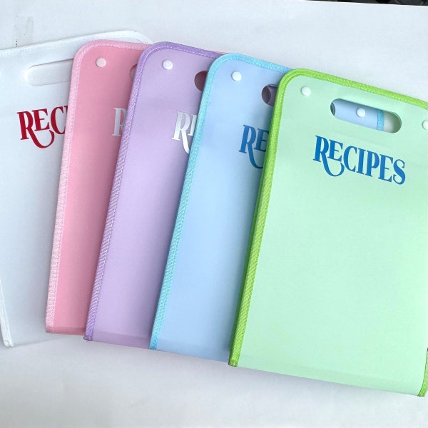 Keep your Recipes Organized in this expandable "Recipe Folder". Folder is Durable, WaterProof, & Customizable.  Lay's flat for easy storage.